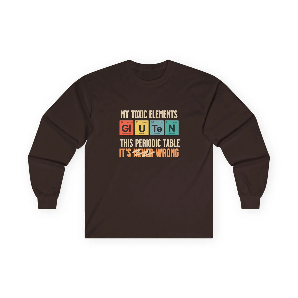 Sudadera marrón con el gráfico de la tabla periódica «Mis elementos tóxicos» visto desde el frente.